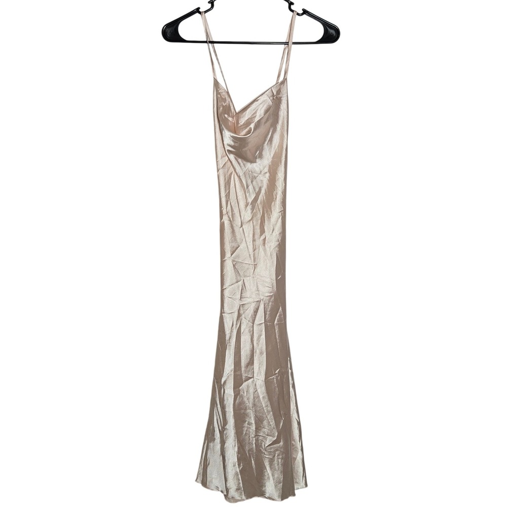 Champagne Pink Satin Cowl Neck Lace Up Back Midi Slip Dress Small Formal Prom